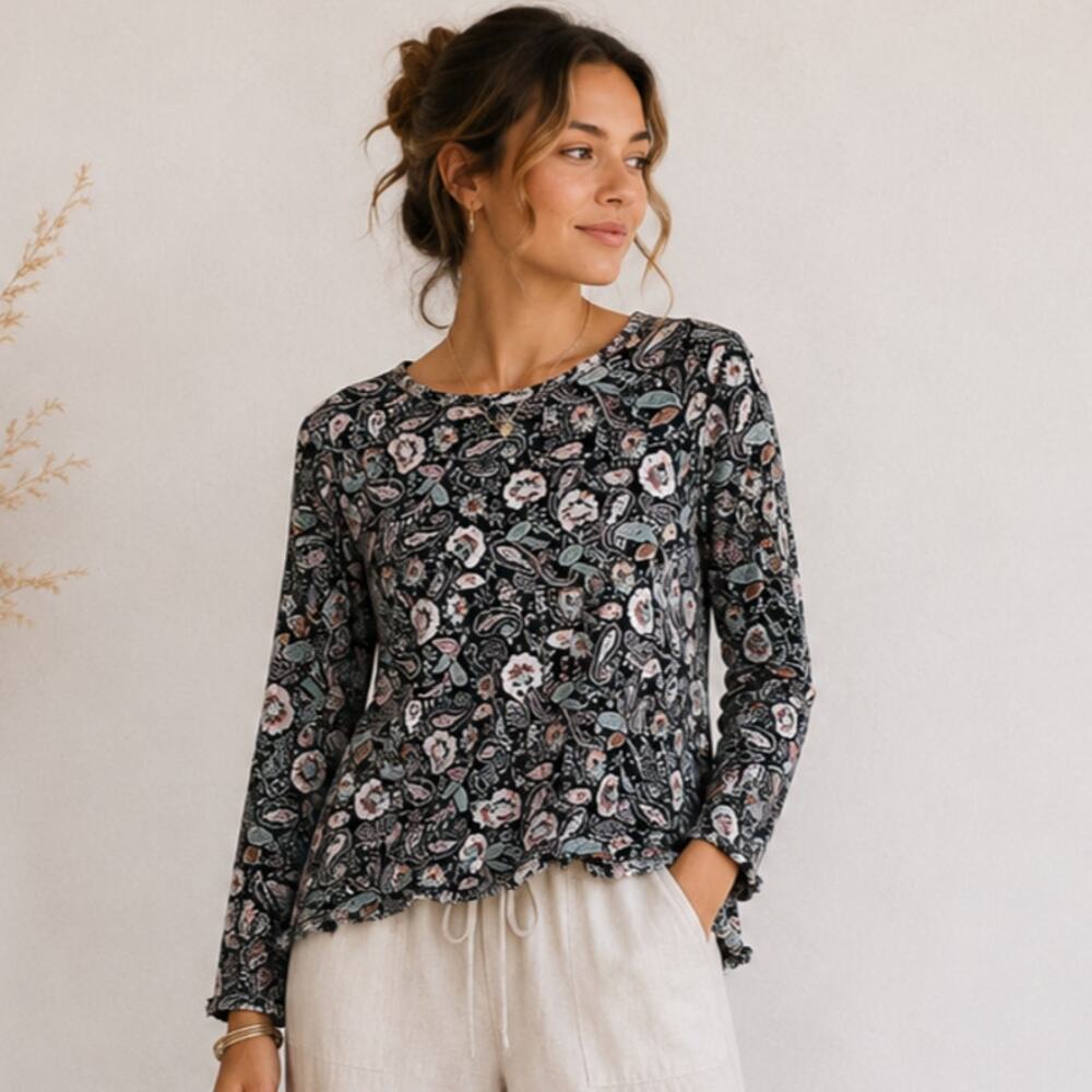J. Jill Long Sleeve Top Womens Sz MP 100% Prima Cotton Floral Paisley Green Boho